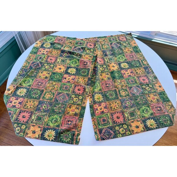 Vintage 70s curtains, green, brown, orange, yellow faux patchwork, pair - Picture 4 of 10